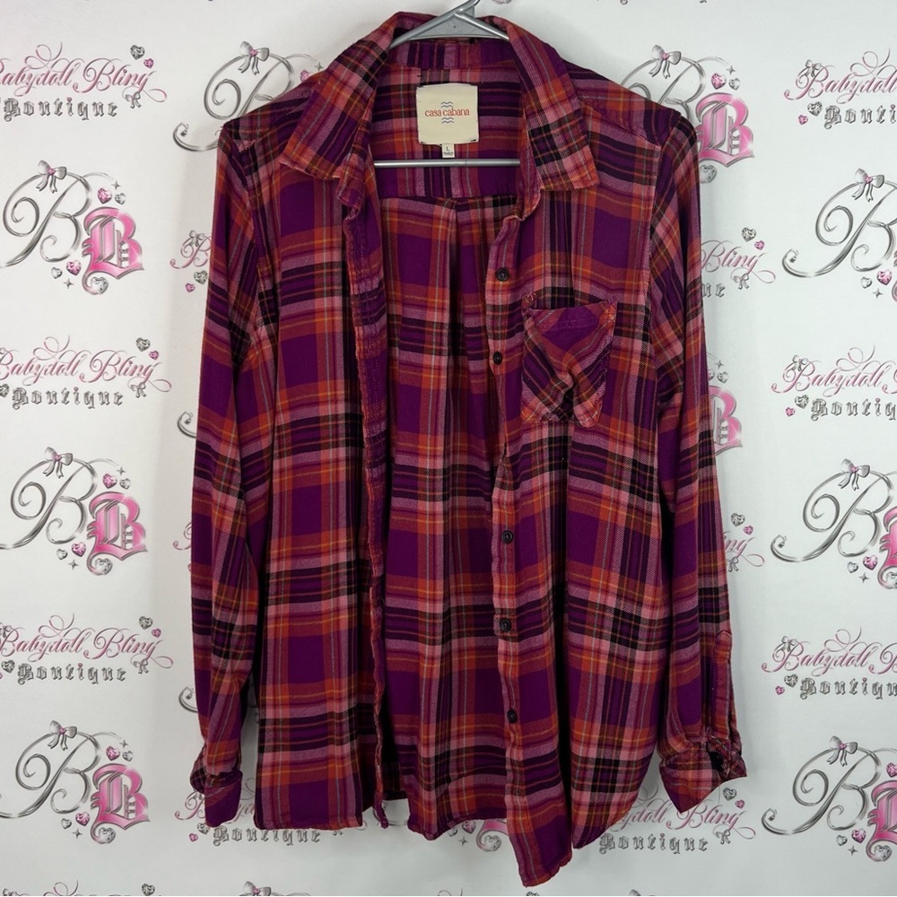 Casa cabana button up plaid picnic red pink Purple Plaid Button-Up Shirt